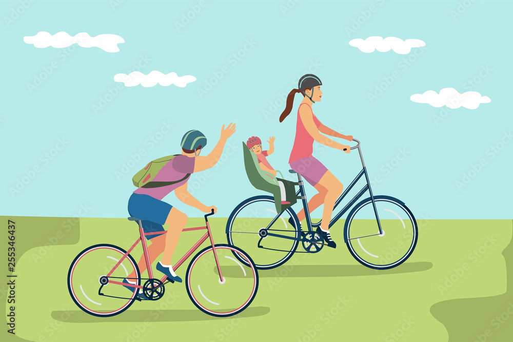 Vector illustration of happy family in helmets riding bikes outdoors.