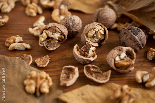 Walnuts on wooden background