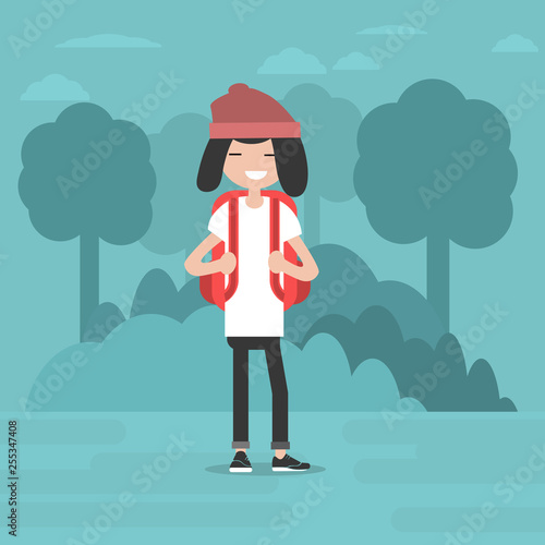 Young character walking in the woods. Backpacker. Travel. Flat editable vector illustration, clip art