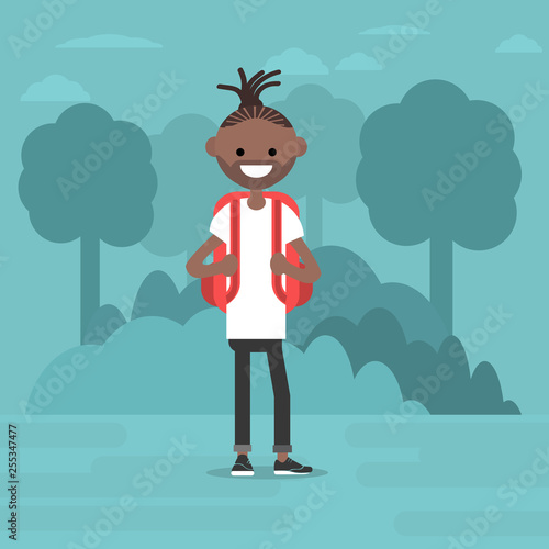 Young character walking in the woods. Backpacker. Travel. Flat editable vector illustration, clip art