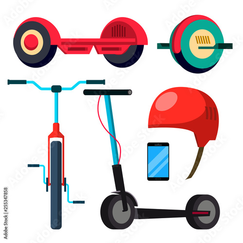 Bicycle, Scooter, Giroskuter, Mono Wheel Vector. Activity. City Transport. Isolated Flat Cartoon Illustration