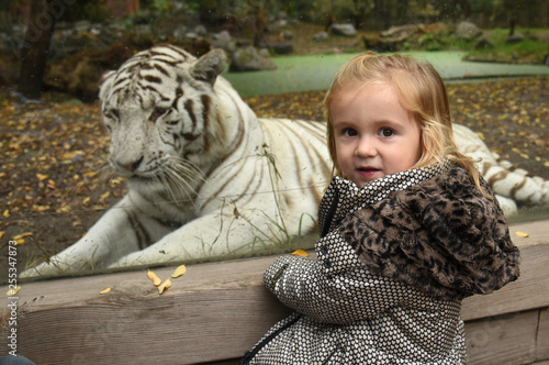 child in a zoo in front of a tiger