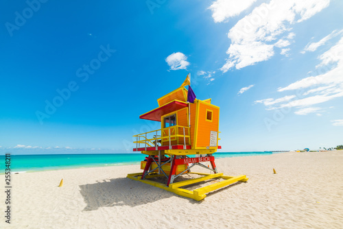 Colorful lifeguard tower under a clear sky in Miami Beach