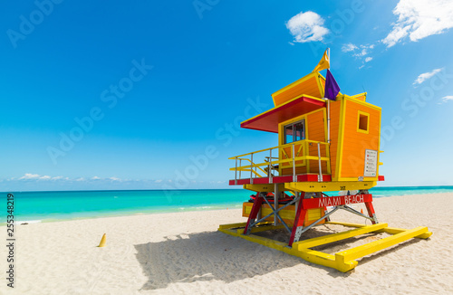 Colorful lifeguard tower under a clear sky in Miami Beach