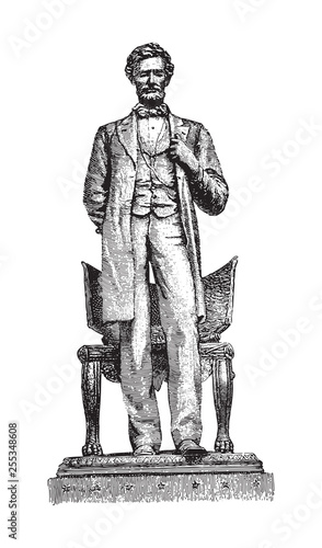 Abraham Lincoln statue in Chicago / vintage illustration from Brockhaus Konversations-Lexikon 1908