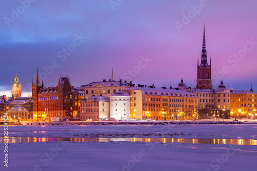 Snow on old building in winter Stockholm Sweden on sunrise near the sea