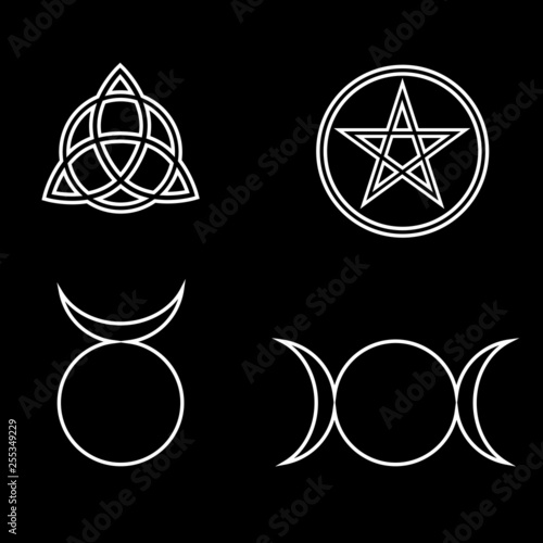 Wicca and pagan symbols. Illustration of a pentagram, triquetra, the Triple Goddess and Horned God symbols.