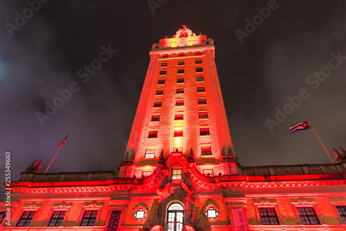 Front view of Freedom Tower in downtown Miami at night photo