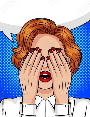 Color vector pop art style illustration of a girl with an open mouth covering her face with her hands. Emotions of fear, anger, pain, frustration. The girl's eyes closed in anticipation of a surprise.