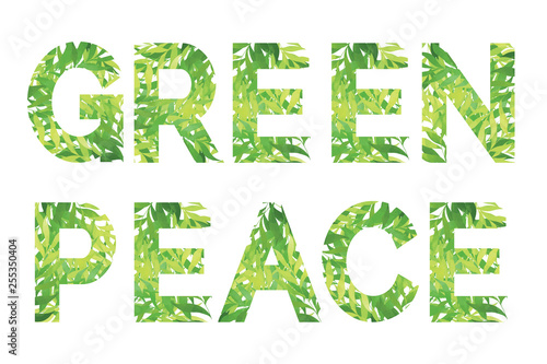 Bright green Green Peace words. Classic and universal text for cards, badges, postcards, posters, prints white isolated