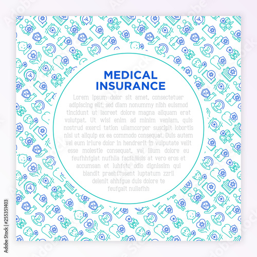 Medical insurance concept with thin line icons: policy, life insurance, maternity program, 24/7 support, mobile app, telemedicine. Modern vector illustration, template for print media, banner.