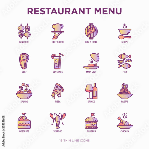 Restaurant menu thin line icons set: starters, chef dish, BBQ, soup, beef, steak, beverage, fish, salad, pizza, wine, seafood, burger. Modern vector illustration.