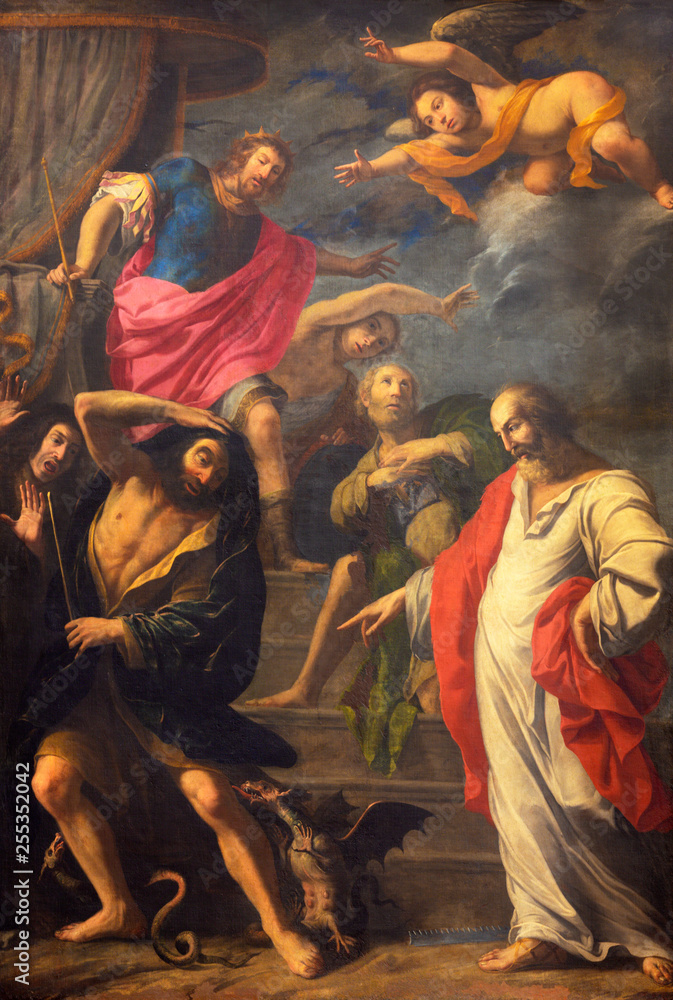 REGGIO EMILIA, ITALY - APRIL 12, 2018: The painting of Biblical scene in church Basilica di San Prospero from 16 cent.
