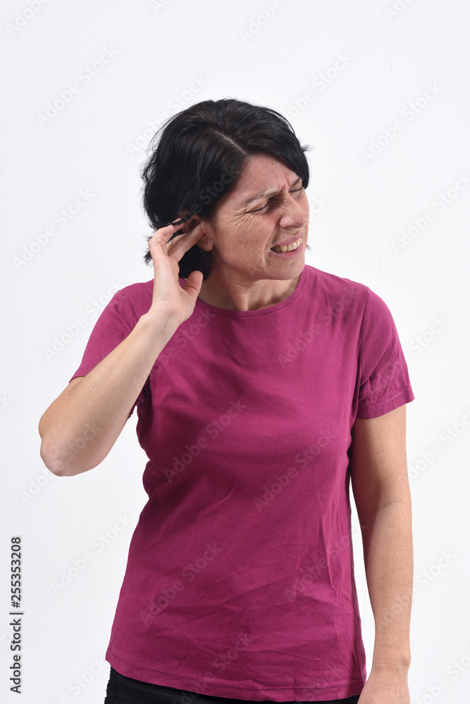 woman with pain on ear on white background woman with pain on ear on white background