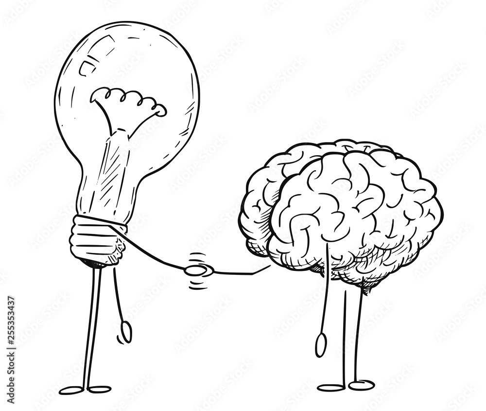 Cartoon stick figure drawing conceptual illustration of brain and lightbulb  or light bulb characters shaking hands. Business concept of creativity and  intelligence. Stock Vector | Adobe Stock
