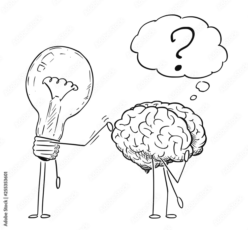 Cartoon stick figure drawing conceptual illustration of lightbulb or light  bulb character tapping on back of thinking brain. Business concept of  creativity and idea. Stock Vector | Adobe Stock