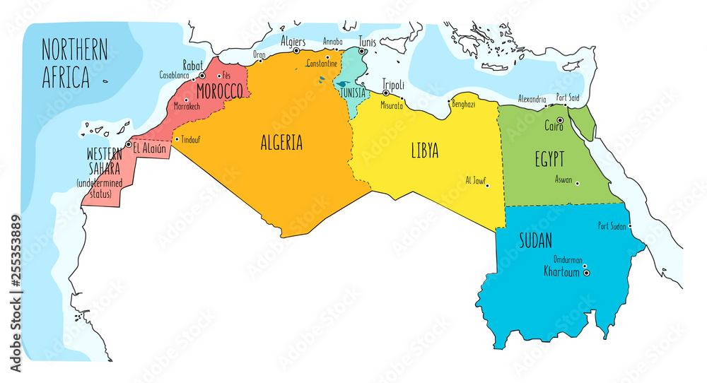 Colorful Hand Drawn Political Map Of Northern Africa With English colorful-hand-drawn-political-map-of-northern-africa-with-english