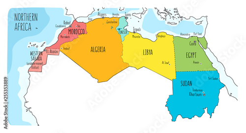Colorful hand drawn political map of Northern Africa with English labeling.