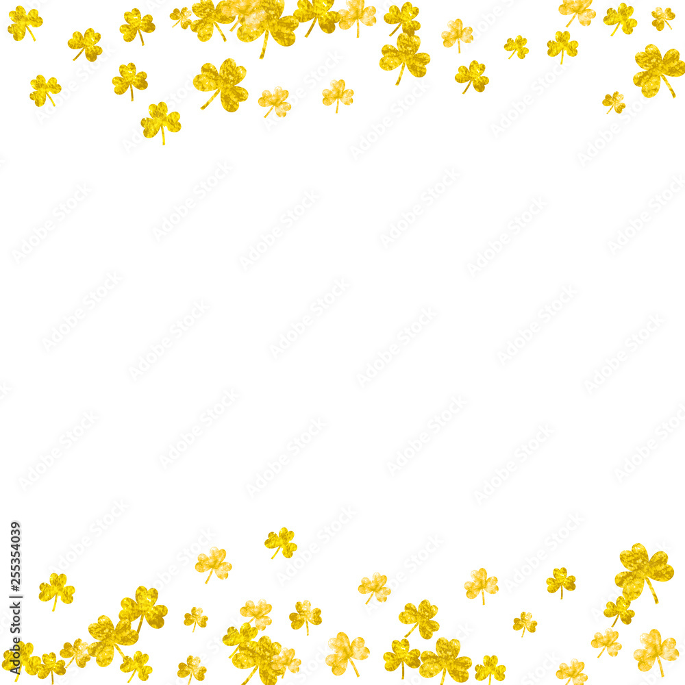 Saint patricks day background with shamrock. Lucky trefoil confetti. Glitter frame of clover leaves. Template for poster, gift certificate, banner. Decorative saint patricks day backdrop. Saint patricks day background with shamrock. Lucky trefoil confetti. Glitter frame of clover leaves. Template for poster, gift certificate, banner. Decorative saint patricks day backdrop.