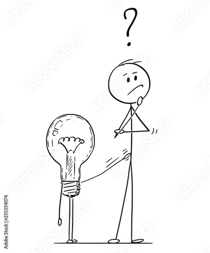Cartoon stick figure drawing conceptual illustration of man or businessman thinking about problem or strategy. Lightbulb or light bulb is tapping on him to offer solution.