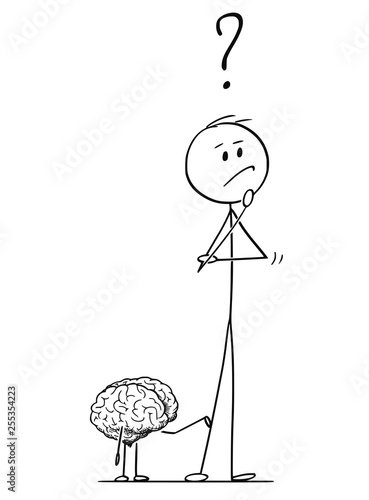 Cartoon stick figure drawing conceptual illustration of man or businessman thinking about problem or strategy. Brain is tapping on him to offer solution.