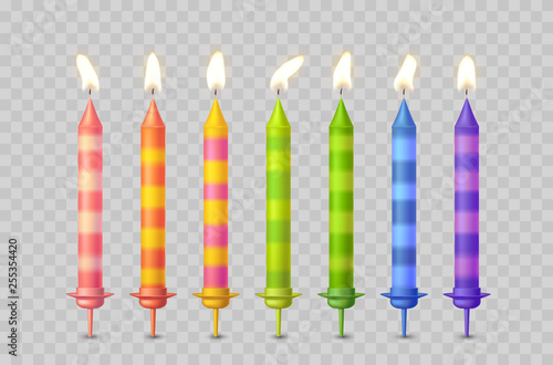 Candles with burning fire flame for birthday cake isolated on transparent background. Vector 3D realistic color candlelight elements set design.