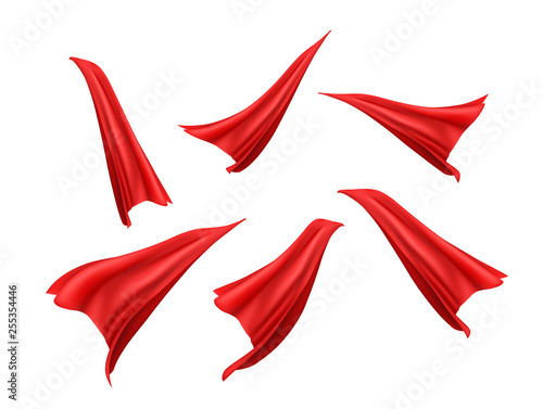 Cape set isolated on white background. Red superhero cloak. Vector silk flying super hero cloth. photo