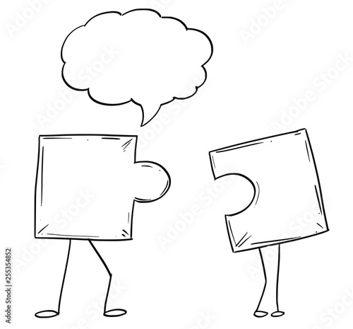 Cartoon Illustration of two jigsaw puzzle piece male and female characters matching together. There is empty speech bubble for your text. Metaphor of heterosexual relationship or business concept of