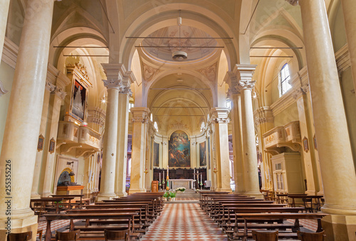 REGGIO EMILIA  ITALY - APRIL 13  2018  The nave of chruch Chiesa di Santi Giacomo e Filippo apostoli.