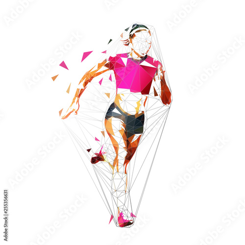 Running woman, low polygonal geometric isolated vector illustration. Run
