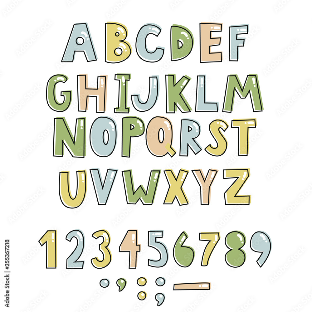 Bold handwritten childish font. Simple colorful letters for decoration. Kids design.