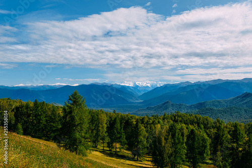 Mountain valley with trees and cloudy sky, golden autumn panorama landscape, Altai Republic