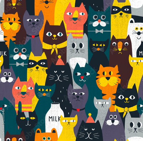 Amazing cats seamless pattern. Endless colorful background with crowd of domestic and wild animals.