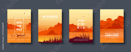 Mountains and forest. Wild nature landscape. Travel and adventure.Panorama. Into the woods. Horizon line.Trees,fog. Vector illustration.