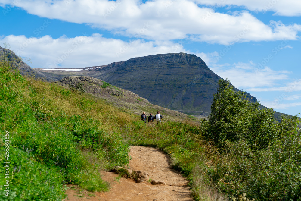 Fototapeta premium Hikers walking towards tall mountain