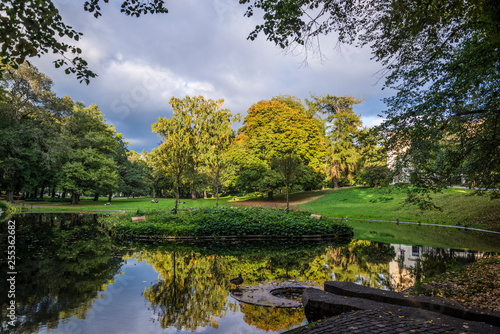 Trees reflected in pond in the Royal Palace Park, Oslo, Norway