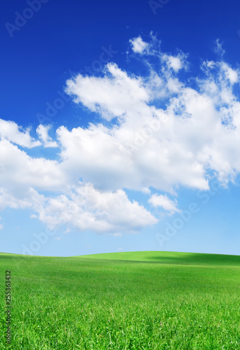 Idyllic view  green hills and blue sky with white clouds