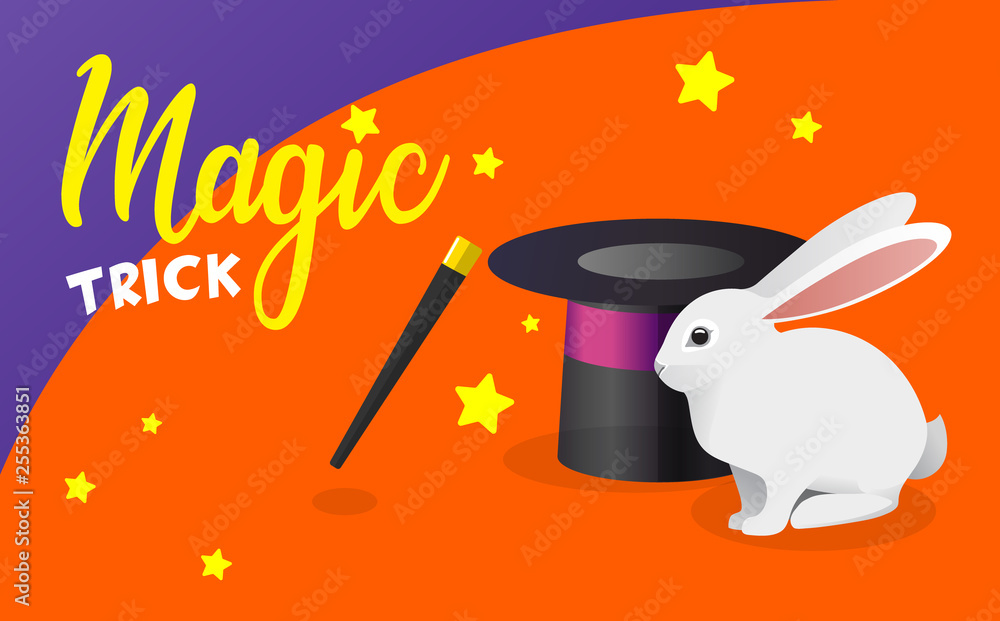 Vector banner with funny white rabbit, magic hat and wand. Trick with a  rabbit out of a hat. Little white rabbit, black top hat and magic wand for magic  tricks vector Stock