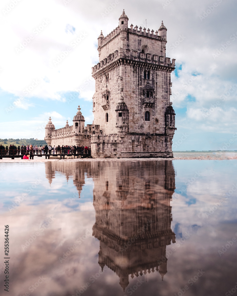 reflection of the Belem Tower in Lisbon, Portugal