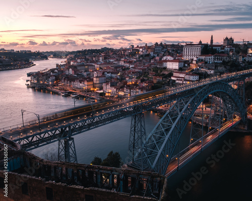 famous view of Porto at sunset  near the tagus river  in Portugal