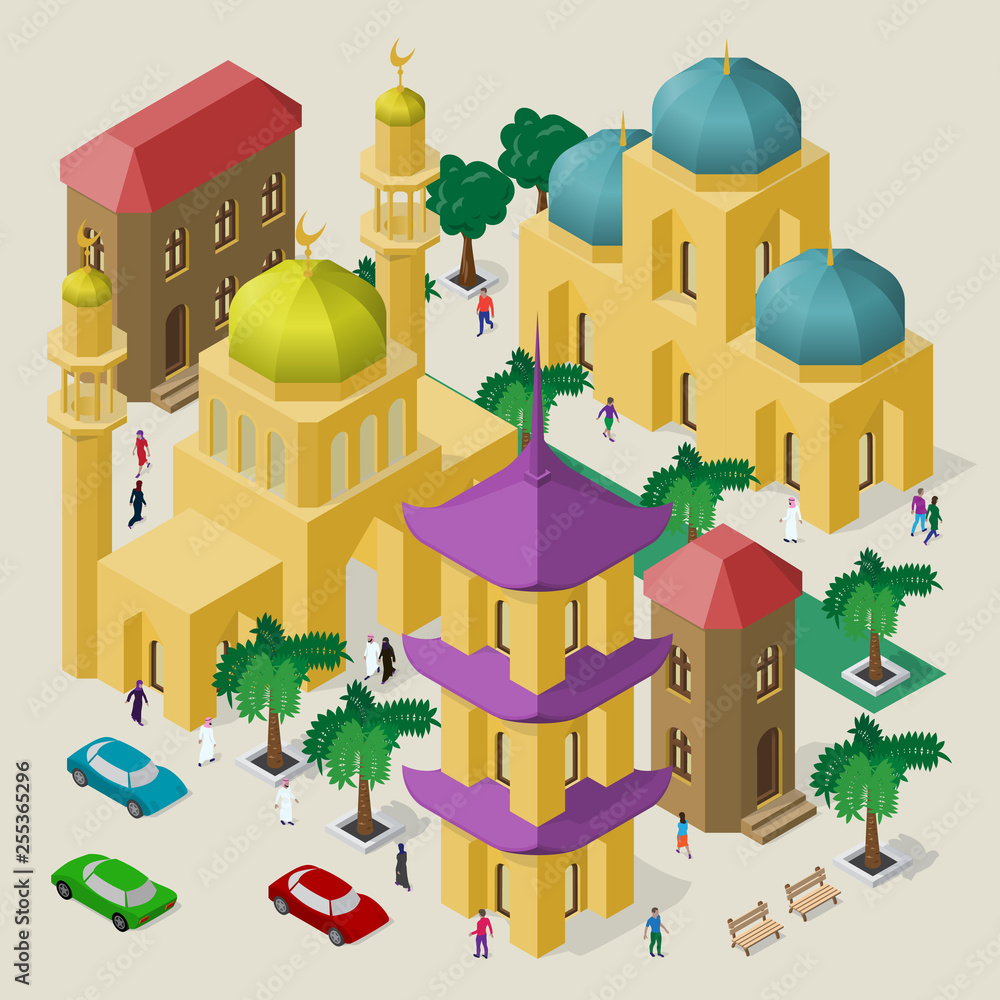 Vector multicultural cityscape. Set of isometric objects. Buildings, mosque, temple, pagoda, benches, trees, cars and people.