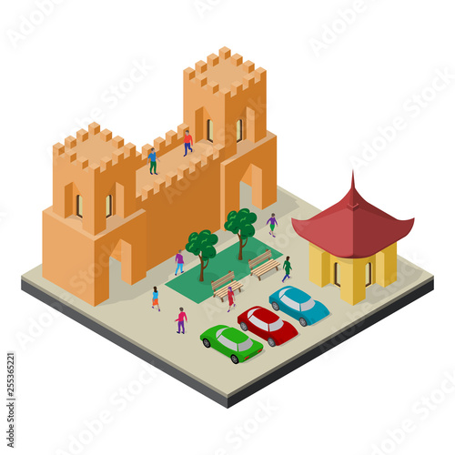 Cityscape in isometric view. Fortress wall, benches, trees, parking, cars and people.