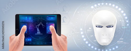 The head of the cyborg. Creation of artificial intelligence. Man works with a virtual robot interface in the style of HUD augmented reality. The designer creates robots. Vector