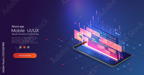 Application of smartphone with business graph and analytics data on isometric phone . Analysis trends and financial strategy by using infographic chart. Online statistics and data Analytics. Vector 