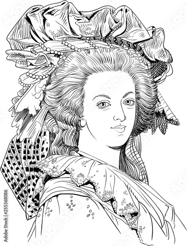 Marie Antoinette portrait in line art illustration