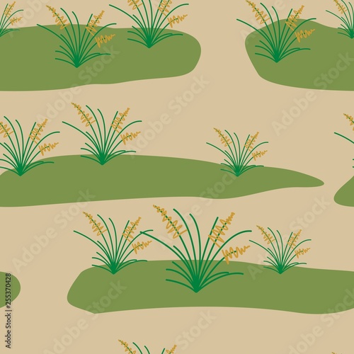 Prairie inspired, hand drawn seamless vector pattern. Tufts of grass on green and sandy background.