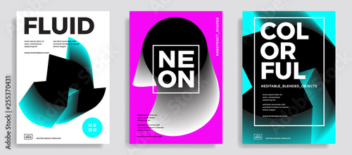 Set of trendy abstract design templates with 3d flow shapes. Dynamic gradient composition. Applicable for covers, brochures, flyers, presentations, banners. Vector illustration. Eps10