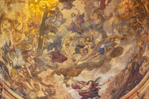 PRAGUE, CZECH REPUBLIC - OCTOBER 12, 2018: The detail of fresco of Last Judgment in the cupola of St. Francis of Assisi church by Václav Vavřinec Reiner (1689 - 1743).