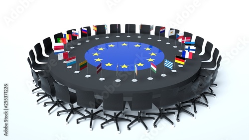 Bild auf Leinwand European Union Round Table With Flags Of European 28 Countries Isolated On The White Background