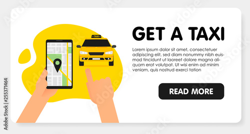 Ordering online taxi on smartphone vector illustration, flat carton design of mobile phone, taxicab in bubble, city map location destination, person calling or taking taxi in cellphone isolated